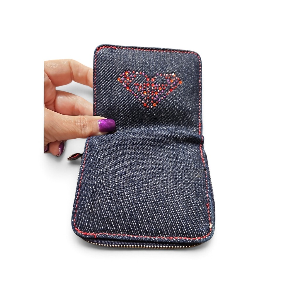 Roxy Quiksilver Denim Bifold Wallet Blue Red Rhinestone Heart Studded Y2K Surf